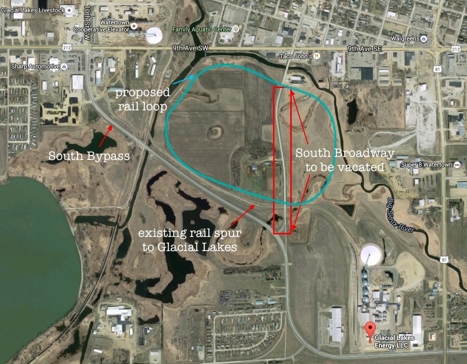 Proposed Glacial Lakes Energy rail loop, Watertown, South Dakota. From Google maps, annotated by CAH.