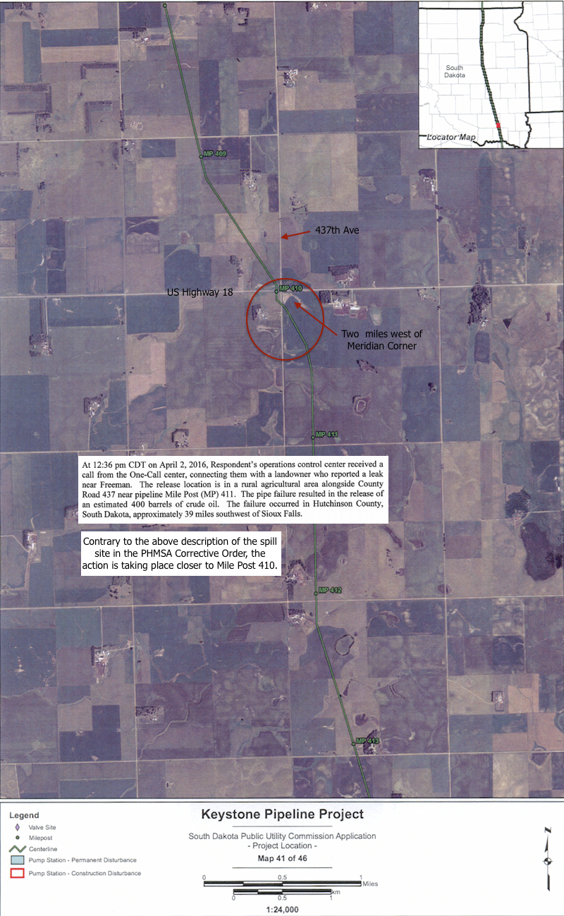 TransCanada Keystone leak site, six miles east of Menno, South Dakota, annotated from PUC project map #41.