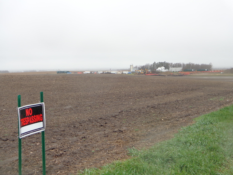 TransCanada erected several No Trespassing signs on Schultz's land (seen close up here) and Heckenlaible's land (homestead visible in distance) well outside of the pipeline easement zone.