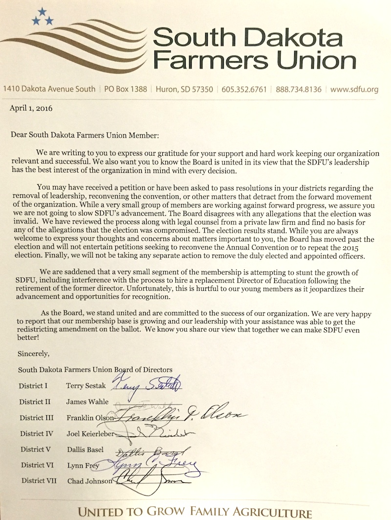 South Dakota Farmers Union, open letter, 2016.04.01.