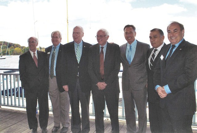 Congressman Peter Welch, Bill Stenger, Senator Patrick Leahy, Senator Bernie Sanders, Governor Shumlin Ariel Quiros, and Quiros's lawyer William Kelly at a September 2012 press event in Newport, Vermont, promoting EB-5 projects. Photo from Bill Stenger, via Seven Days.