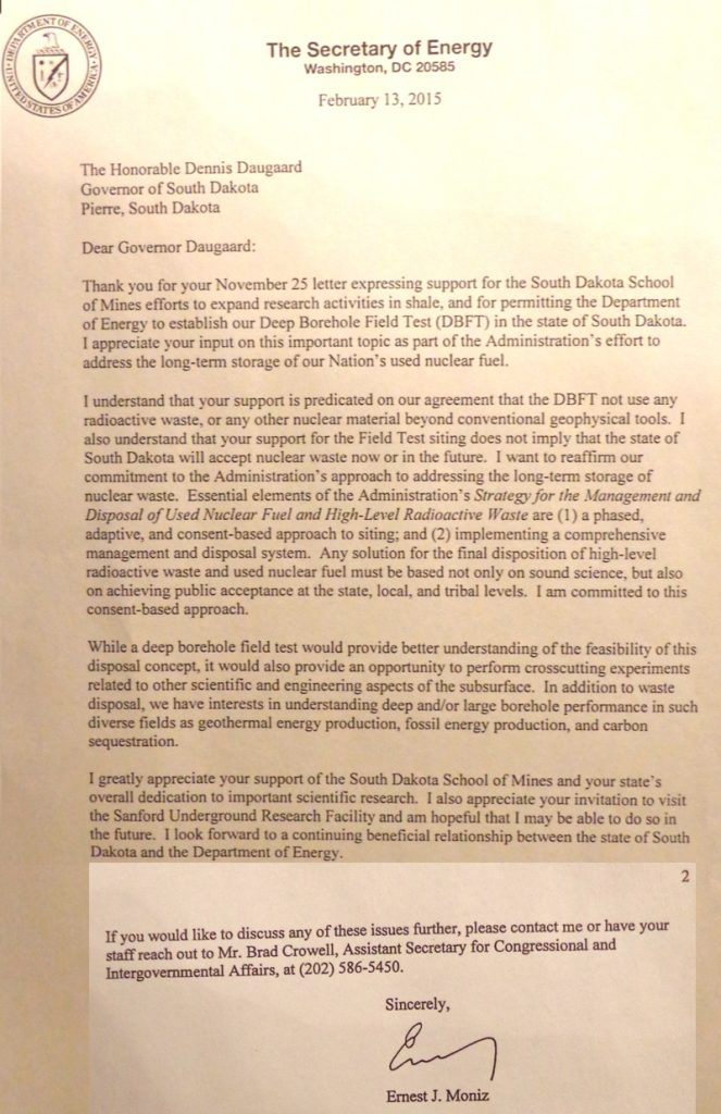 Energy Sec. Ernest Moniz, letter to Gov. Dennis Daugaard, 2015.02.13.