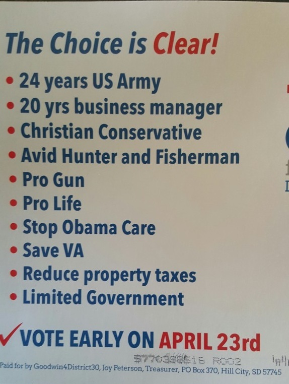 Tim Goodwin campaign literature, from Gordon Howie, "Tim Goodwin: Conservative South Dakota Candidate," The Right Side, 2016.04.14.