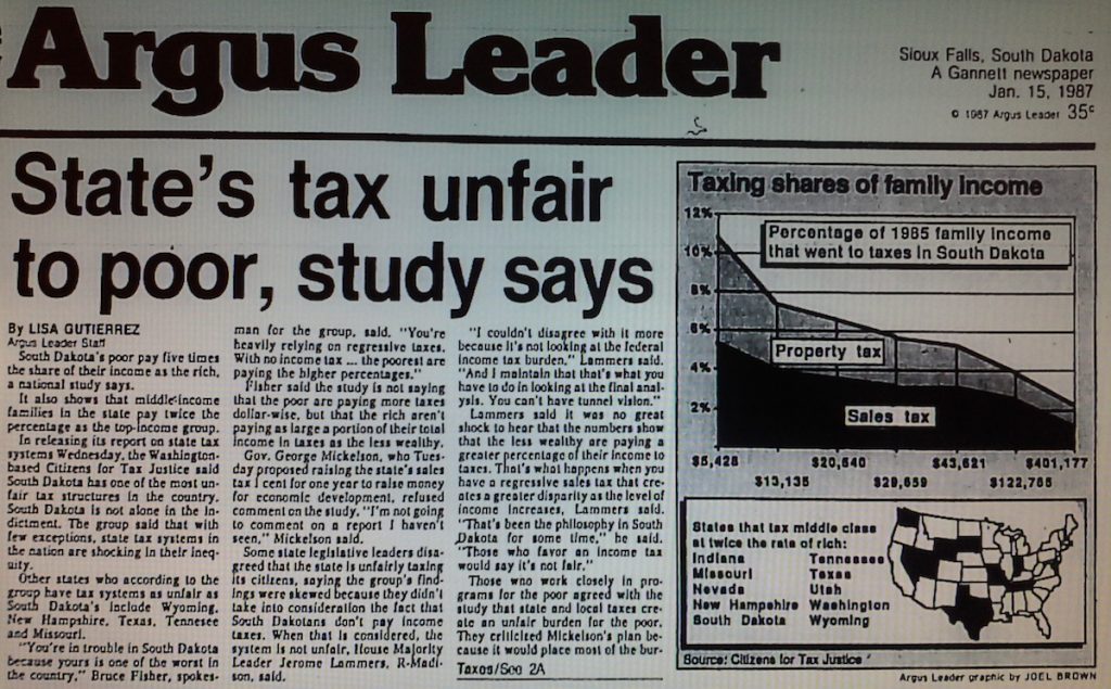 Lisa Gutierrez, "State's Tax Unfair to Poor, Study Says," that Sioux Falls paper, 1987.01.15, p. 1.