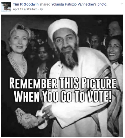 Tim R. Goodwin, Republican candidate for Dist. 30 House, FB post of fake Hillary-Osama photo, 2016.04.12.