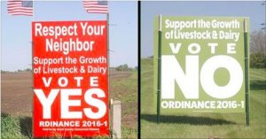 Competing signs in Grant County CAFO setback referndum; photo posted by Grant County Development Corporation, Facebook, 2016.06.07.