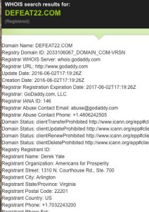 GoDaddy WHOIS entry for Defeat22.com, screen cap 2016.07.07.