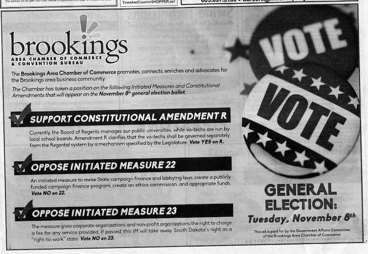 Brookings Chamber of Commerce, political ad, Brookings Register, late October 2016.
