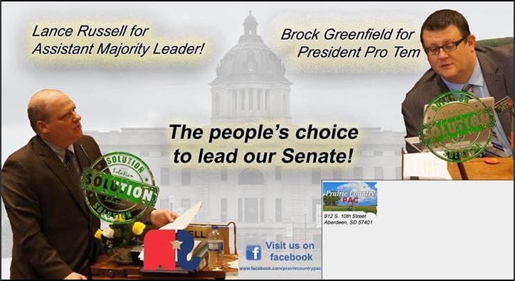 Prairie Country PAC mailer for Russell and Greenfield, posted by Sen.-Elect Stace Nelson, Twitter, 2016.11.10.