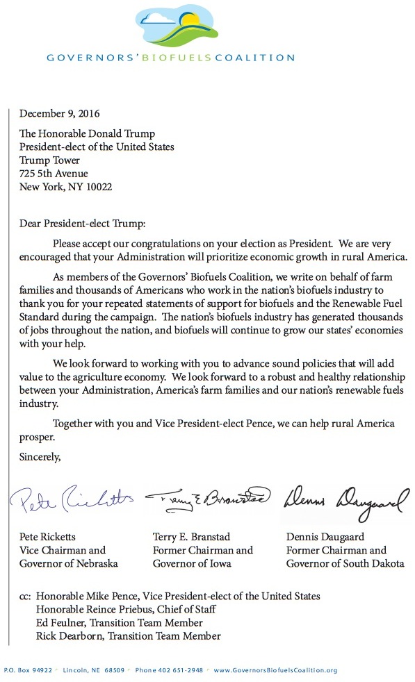 Daugaard, Branstad, and Ricketts, letter to Trump on behalf of Governors' Biofuels Coalition, 2016.12.09