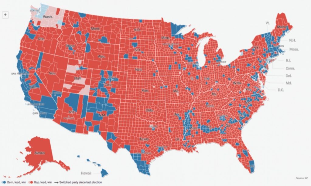 2016 Presidential vote by county: blue for Clinton, red for Trump.