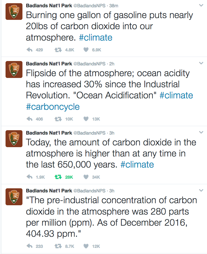 Badlands National Park, tweets on carbon dioxide and climate, 2017.01.24.