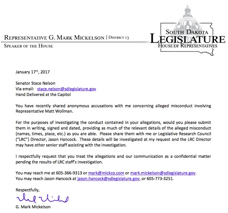 Speaker G. Mark Mickelson, letter to Senator Stace Nelson, 2017.01.17.