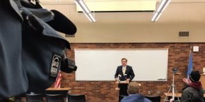Mayor Huether speaks to the cameras about switching his voter registration from Democratic to Independent; photo tweeted by Sydney Kern, KDLT, 2016.12.19.