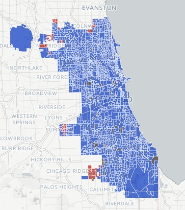 Chicago 2016 Presidential election results: Clinton won blue counties; Trump won red counties. Source: DNAinfo.com, downloaded 2017.01.25.