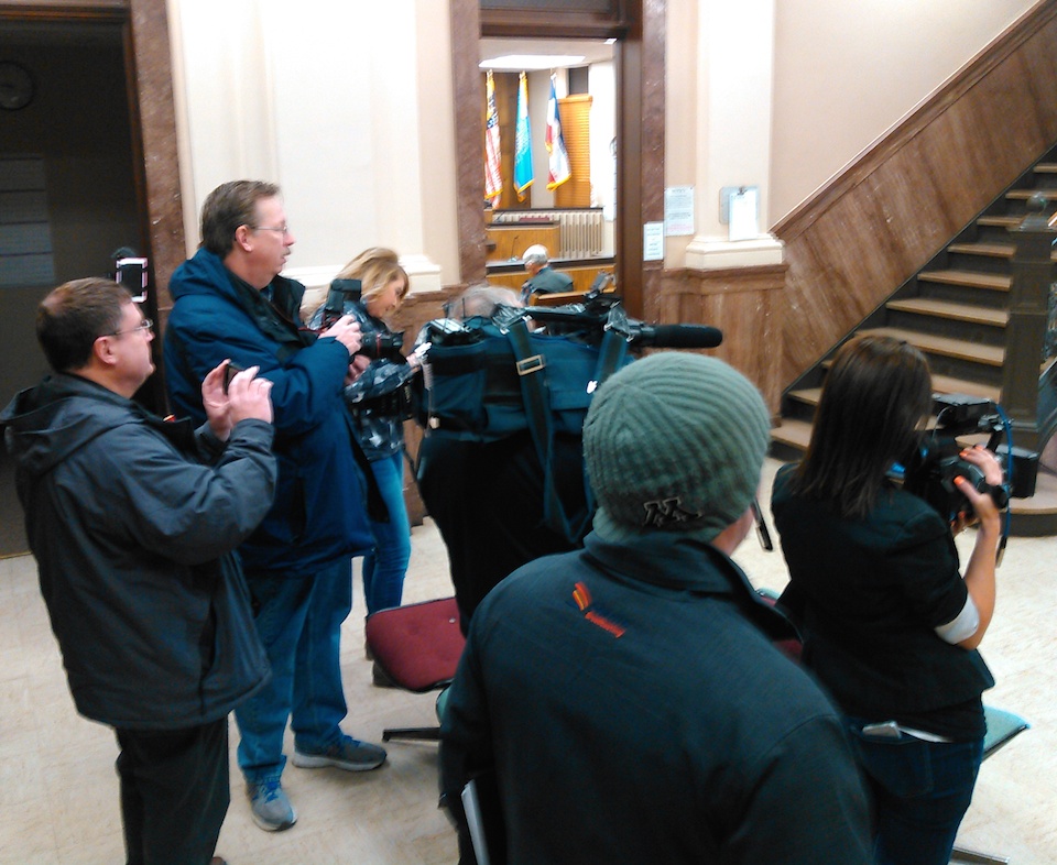 What passes for a media scrum in Brown County, as reporters await Attorney General Marty Jackley and defendant Joop Bollen. Brown County Courthouse, Aberdeen, South Dakota, 2017.02.01.