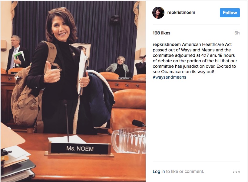 Rep. Kristi Noem, Instagram, 2017.03.09.
