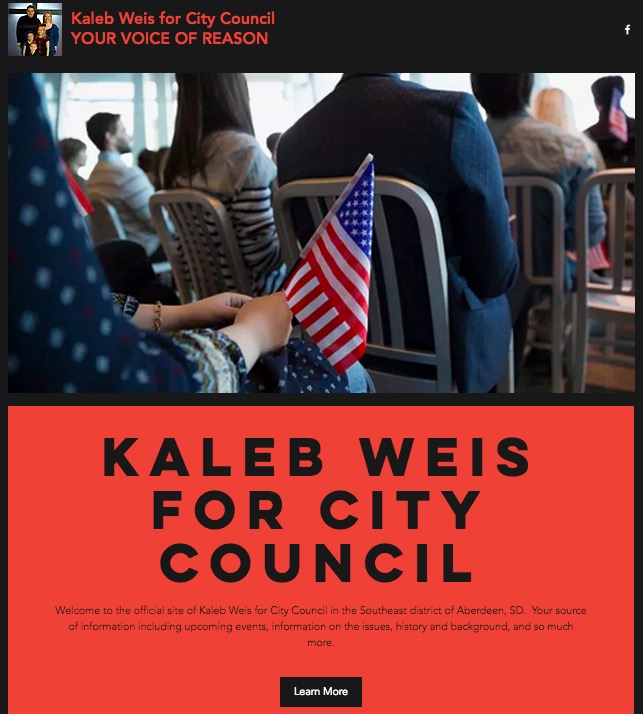 Kaleb Weis for City Council, top of campaign website, screen cap 2017.04.01.