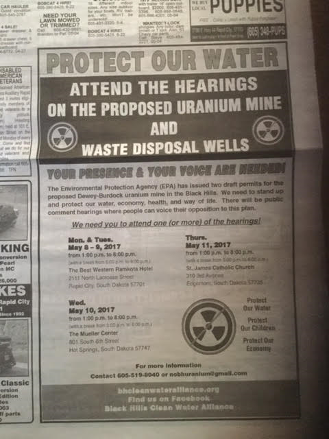 Black Hills Clean Water Alliance newspaper ad, posted to Facebook 2017.05.01.