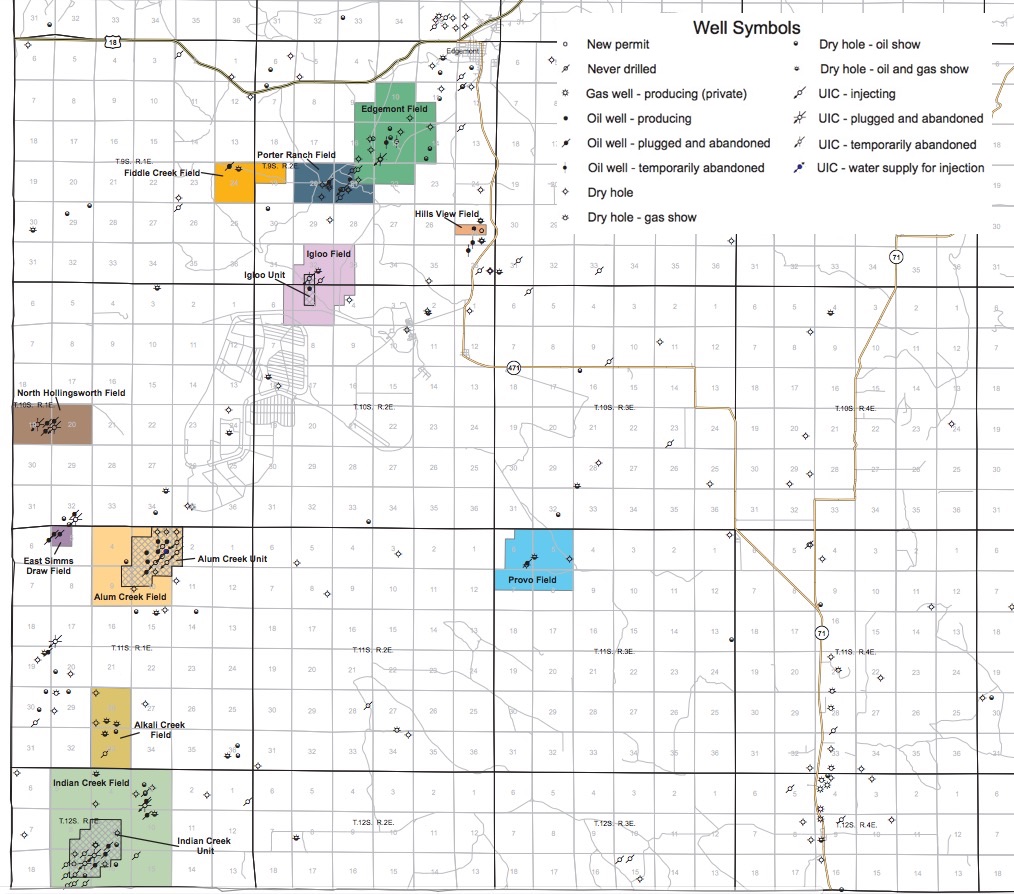 Oil and gas drilling in southwest Fall River County; adapted from DENR map, January 2017