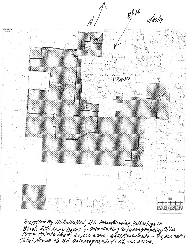 Map of seismic testing area, included in Fall River County Commission agenda packet, 2017.05.02.
