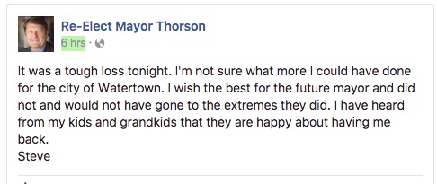 Mayor Steve Thorson, election night Facebook post, 2017.06.20.