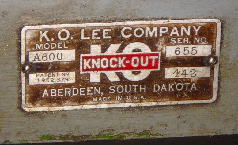 Nameplate on K.O. Lee Grinder Model A600
