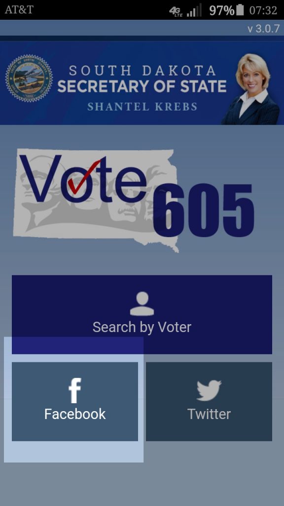 Vote605 app, home screen, Facebook link highlighted, screen cap 2017.07.07.