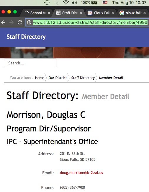Sioux Falls School District staff directory, screen cap 2017.08.10.