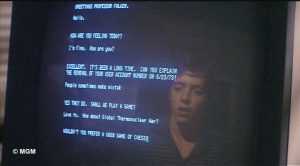 David Lightman, reflected in terminal screen, Wargames, 1983