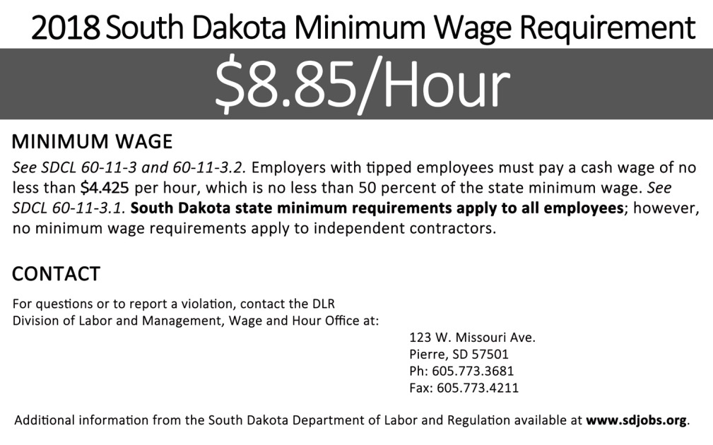 South Dakota minimum wage poster for 2018, Department of Labor and Regulation, Sep. 2017.