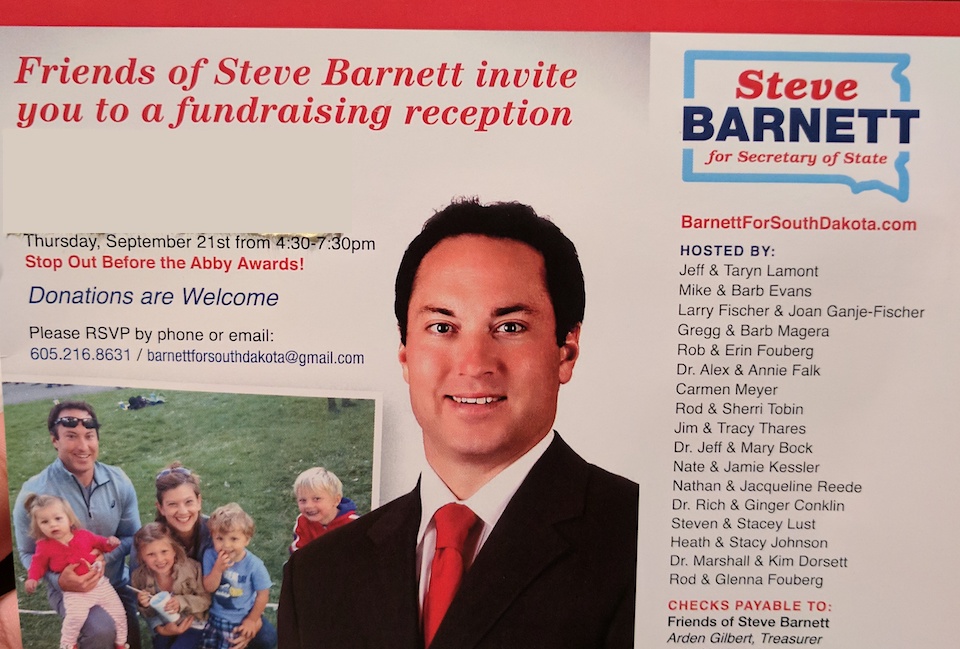 Invitation to Steve Barnett fundraiser, received by Dakota Free Press 2017.09.15.