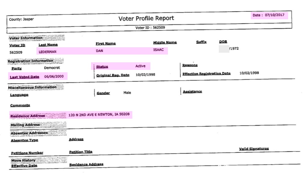 Iowa voter registration record for Dan Isaac Lederman, 2017.07.10.