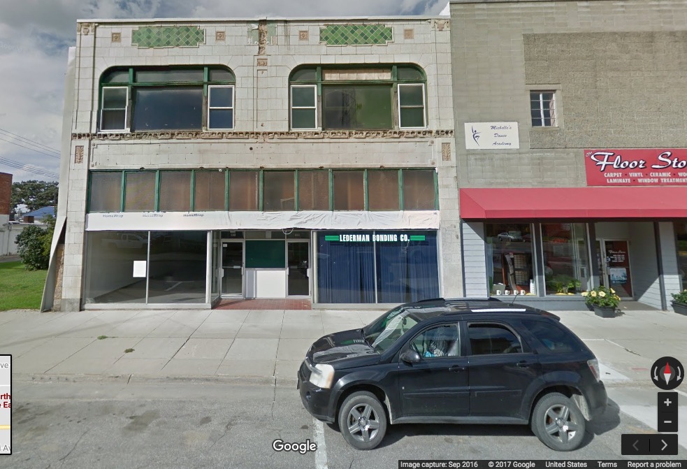"Lederman Bonding Co.," 120 N 2nd Ave E, Newton, Iowa; Google Maps Street View image dated Sep 2016; screen cap 2017.10.12.