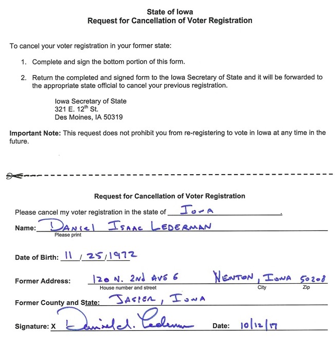 Dan Lederman, request to cancel Iowa voter registration, 2017.10.12; obtained by Todd Epp, KELO Radio, 2017.10.13.