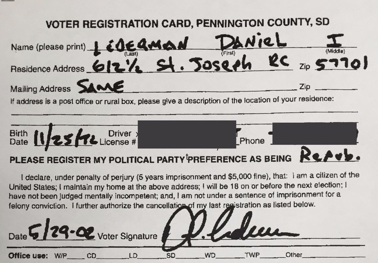 Dan Lederman, voter registration card, Pennington Count, SD, 2002.05.29; obtained by Todd Epp/KELO Radio 2017.10.13.