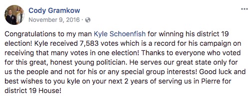 Cody Gramkow, Facebook post, 2016.11.09.