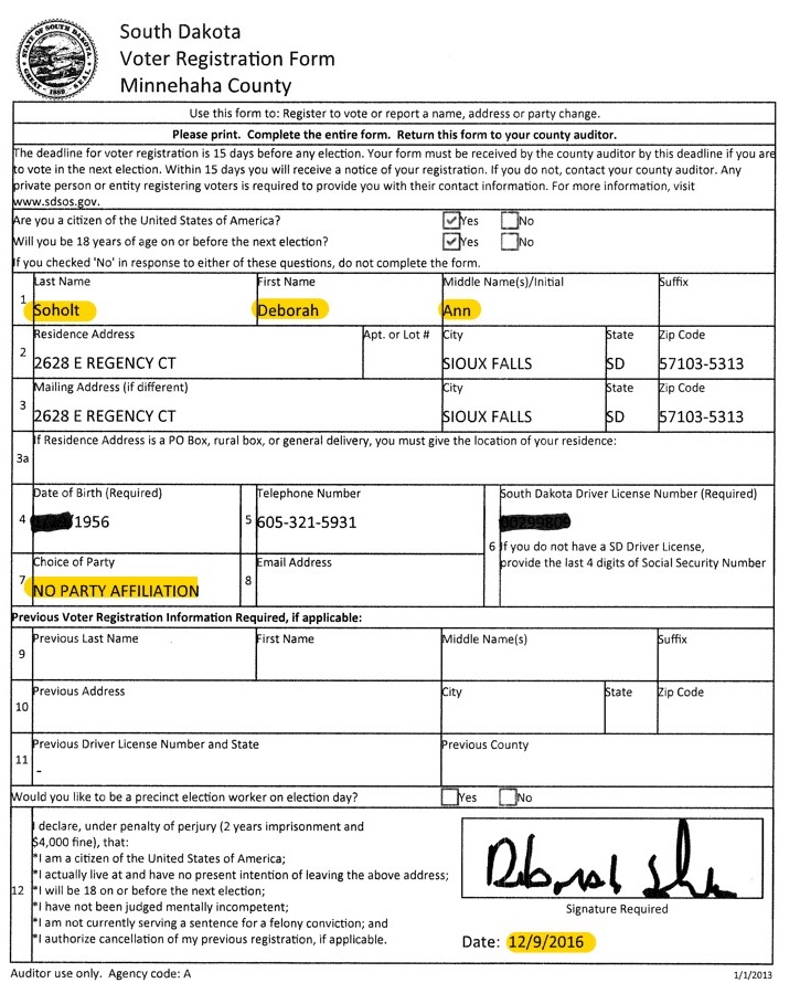 Deb Soholt, voter registration form, 2016.12.09.