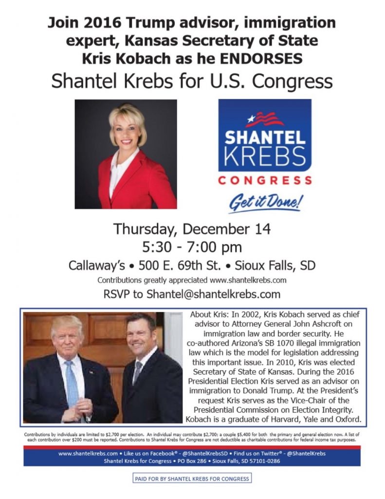 Krebs for Congress fundraising e-mail, 2017.12.06.