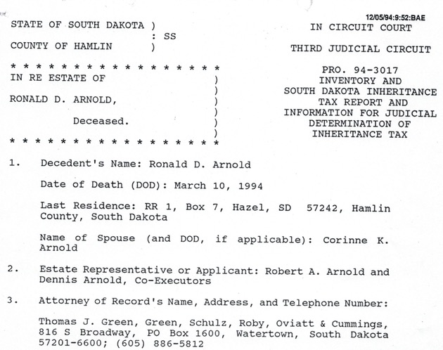 Probate 94-3017, Inventory and South Dakota Inheritance Tax Report, 1994.12.07, p.1.