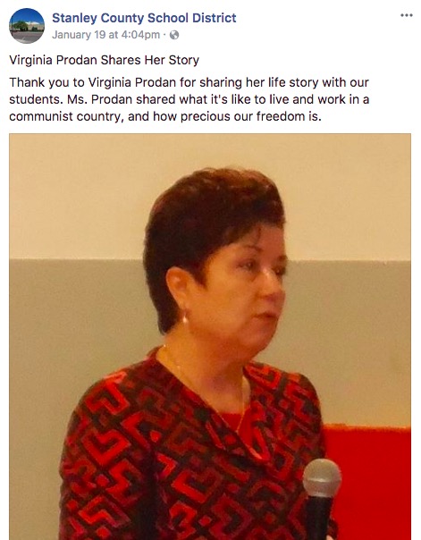 Virginia Prodan speaks to Stanley County School District students, from district FB page, 2018.01.19.
