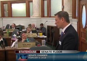 Sen. Neal Tapio addresses 19 "enemies of the state" in the South Dakota Senate, 2018.02.06 (screen cap from SDPB).