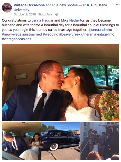 Vintage Occasions, photos of Mike Netherton/Jenna Haggar wedding, posted publicly on Facebook, 2016.10.09.