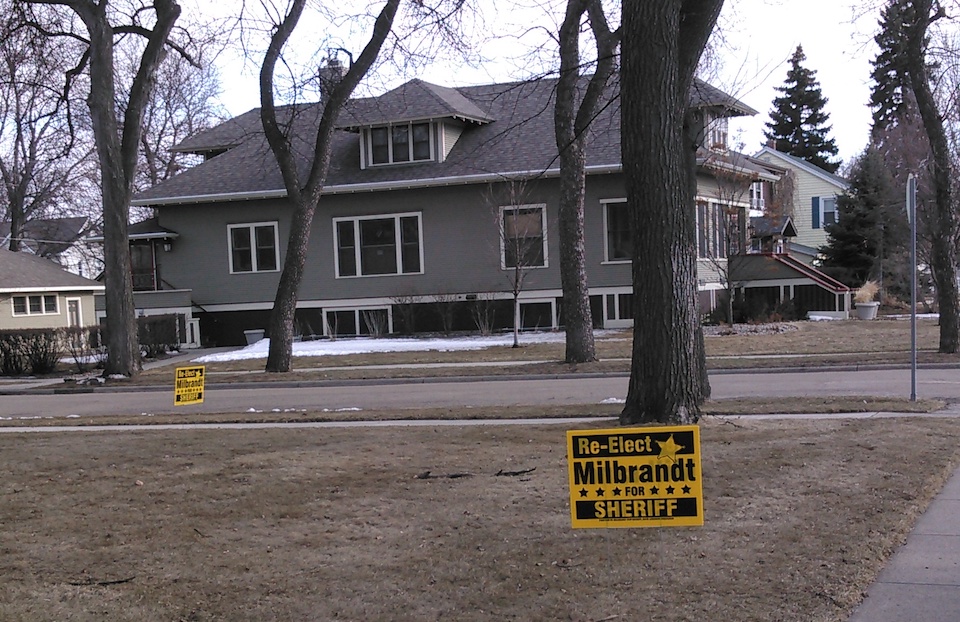 Re-Elect Milbrandt campaign sign, North Main Street, Aberdeen, SD, 2018.04.15.