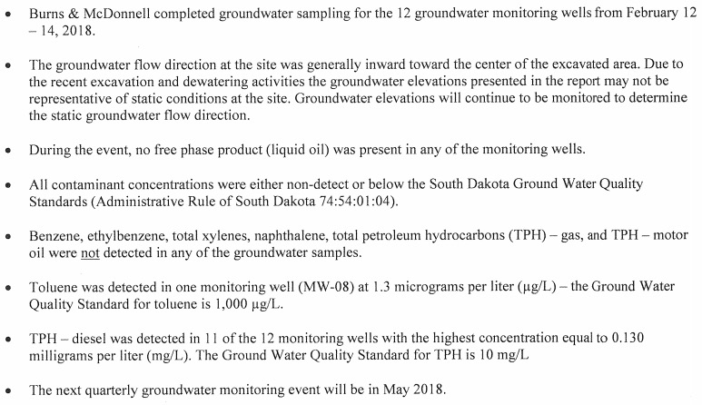 Brian J. Walsh, Department of Environment and Natural Resources, "Burns and McDonnell's Groundwater Monitoring Report, February 2018," DENR File #2017.204—TransCanada Keystone—Amherst—Pipeline Release, 2018.02.27.