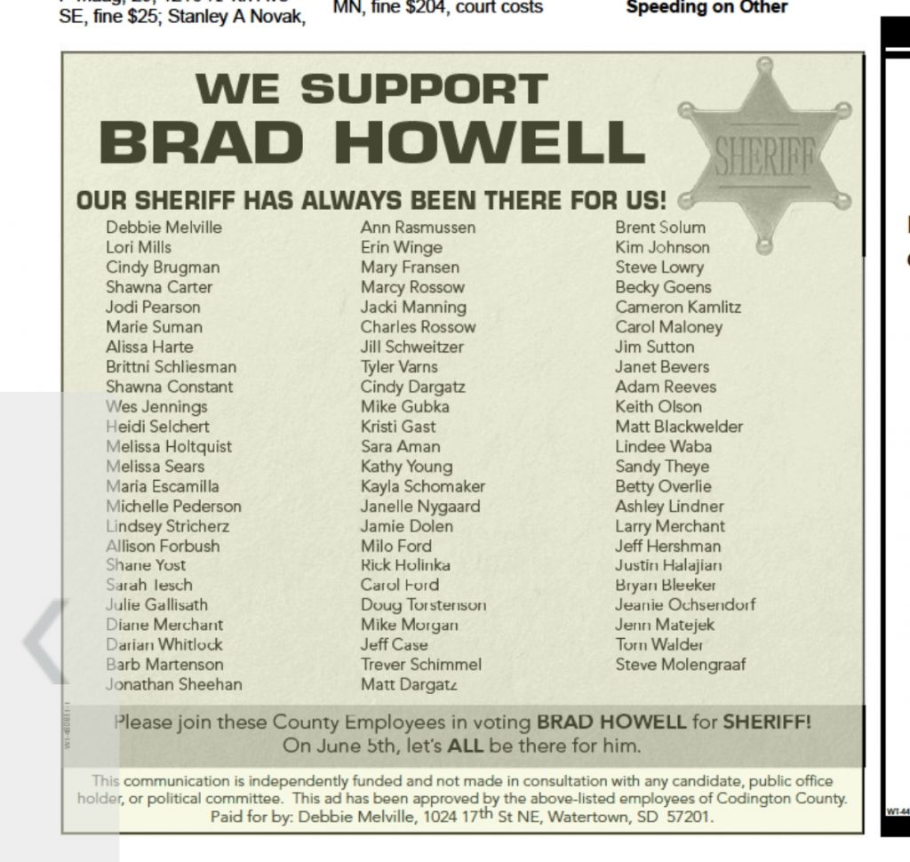 Codington County employees ad for Sheriff Brad Howell, Watertown Public Opinion, received by Dakota Free Press 2018.05.28.