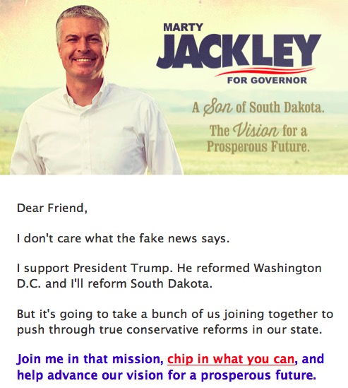 Marty Jackley for Governor, campaign e-mail, 2018.05.04.