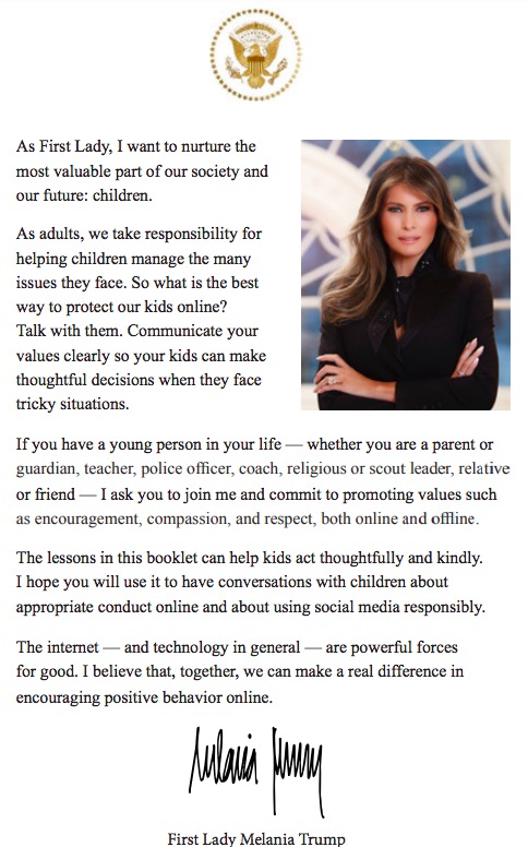Melania Trump, introduction to FTC 2018 booklet on social media use.