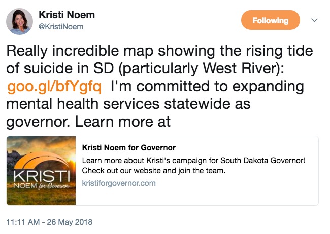 Kristi Noem for Governor, campaign Tweet, 2018.05.26.
