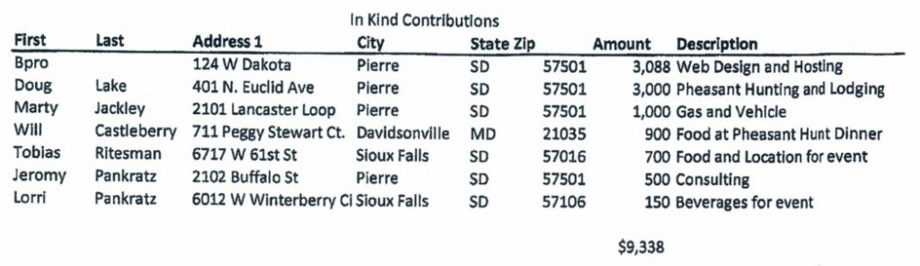 excerpt, Friends of Marty Jackley pre-primary 2016 campaign finance report, filed 2016.10.28.